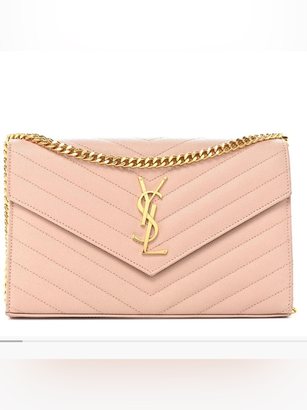 NEW Grain De Poudre Matelasse Chevron Monogram Chain Wallet Pale Pink